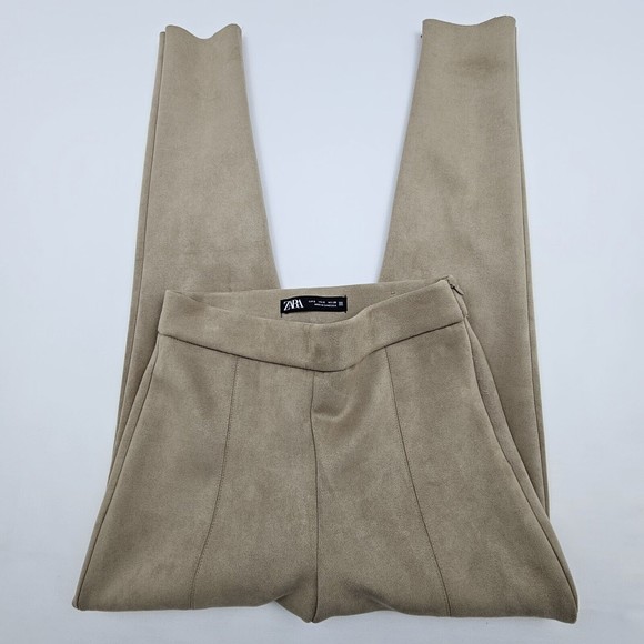 Zara Women Faux Suede Leggins Size Small Color Brown Tan Elastic Waistband Comfy - Picture 2 of 13
